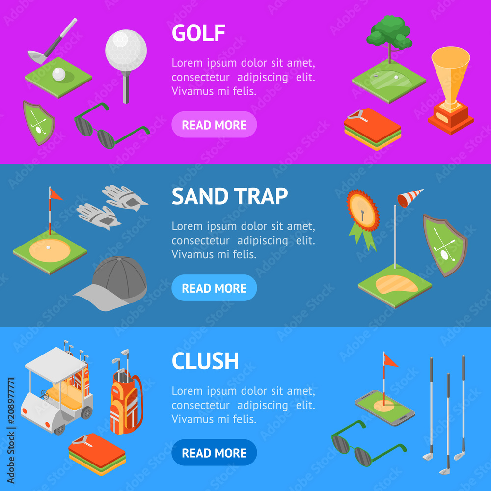 Fototapeta premium Golf Game Equipment Banner Horizontal Set Isometric View. Vector