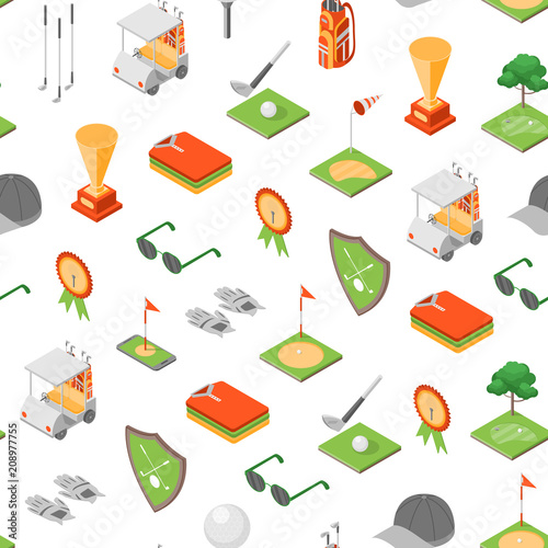 Golf Game Equipment Seamless Pattern Background Isometric View. Vector