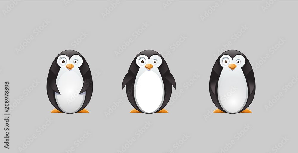 Obraz premium Vector drawing of a silly, crazy penguin with 3 different poses, vector illustration animal concept