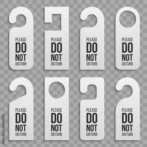Creative vector illustration of realistic plastic paper door handle lock hangers set isolated on background. Art design empty blank mockup. For text - do not Disturb. Abstract concept graphic element