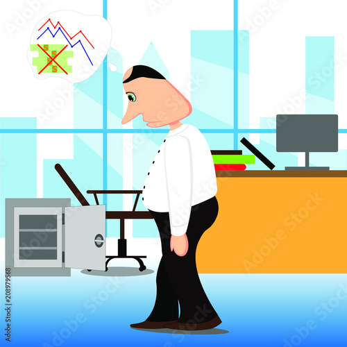 Bankrupt businessman. Financial crisis. Vector illustration. Financial down graph.