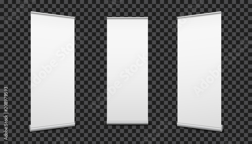 Creative vector illustration of empty roll up banners with paper canvas texture isolated on transparent background. Art design blank template mockup. Concept graphic promotional presentation element