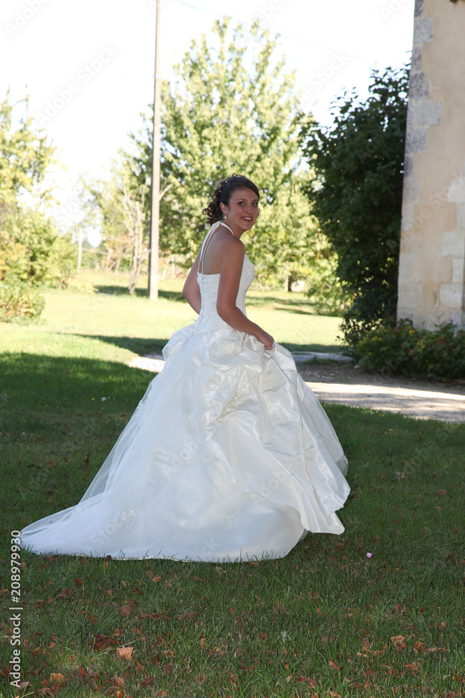 smiling happy bride walk in grass go to marriage day smiling happy bride walk in grass go to marriage day
