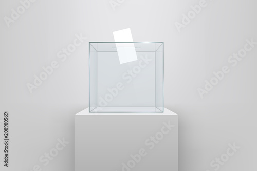 Creative vector illustration of realistic empty transparent ballot box with voting paper in hole isolated on background. Art design glass case is on museum pedestal, stage, 3d podium. Concept graphic