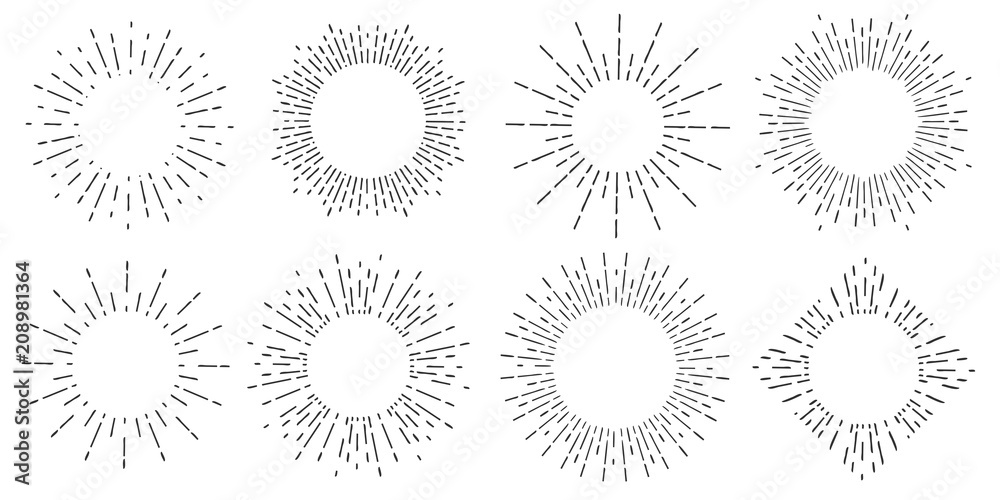 Creative vector illustration of geometric hand drawn sun beams isolated on background. Art design linear sunlight waves, shining lines ray stars. Abstract concept graphic round or circle form element