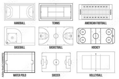 Creative vector illustration of sport game fields marking isolated on background. Graphic element for handball, tennis, american football, soccer, baseball, basketball, hockey, water polo, volleyball