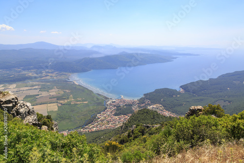 Akyaka cityscape from sakartepe with aegean sea and mountains photo
