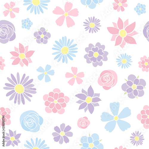 Seamless pastel coloured background with hand drawn flowers. Mother's Day, Woman's Day and Valentine's Day. Vector.
