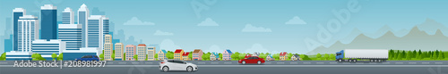 Vector concept city and suburban life. City street, large modern buildings, cityscape, cars. Urban landscape.