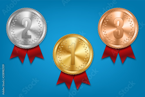 Creative vector illustration of realistic gold, silver and bronze medal set on colorful ribbon isolated on transparent background. Art design placement in sport competition contest. Graphic element