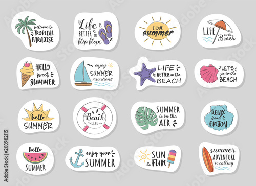 Collection of summer stickers with funny text. Vector.