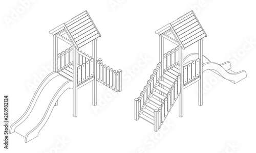 Детская пластиковая горка с крышей - домиком, черно - белый векторный изометрический контурный рисунок в двух ракурсах
