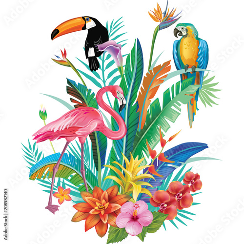 Composition of Tropical Flowers and Birds