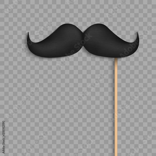 Creative vector illustration of realistic black mustaches on plastic stick isolated on transparent background. Retro vintage art design. Fashionable old facial hair. Abstract concept graphic element