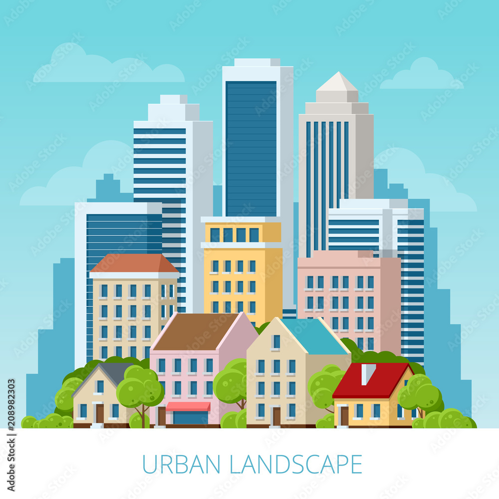 Plakat Wektor koncepcja miasta i podmiejskiego życia. Ulica miejska, duże nowoczesne budynki, pejzaż miejski, samochody. Miejski krajobraz.
