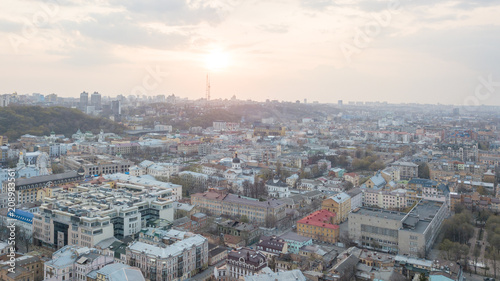 Wallpaper Mural The panoramic bird's eye view from drone to the central historical part of Kiev, Ukraine - the Podol district, the district of Dorohozhychi at summer sunset. Torontodigital.ca
