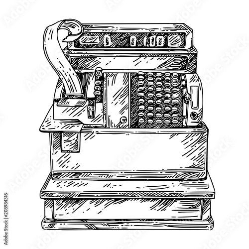 Vintage cash register. Sketch. Engraving style. Vector illustration.