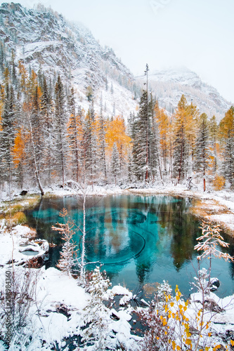 Fantastic blue geyser lake in the autumn forest. Altai, Russia.