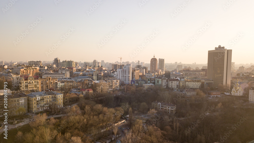 Panoramic aerial view from the drone, a view of the bird's eye view of the the central part of the city of Kiev, Ukraine with churches and the old buildings of the city.