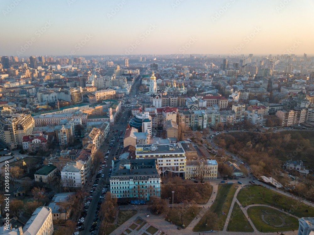 Panoramic aerial view from the drone, a view of the bird's eye view of the the central historical part of the city of Kiev, Ukraine, with old buildings of the city.