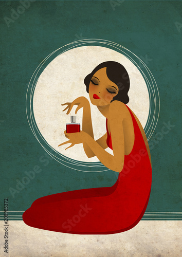 Woman in red dress with perfume bottle