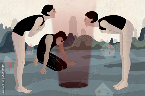 Women and man in surreal landscape