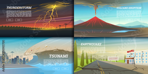 Set of natural disaster or cataclysms. Catastrophe and crisis Background. Realistic Tornado or storm, Lightning Strike, Rain Thunderstorm, Volcano eruption, Flood and Earthquake, Tsunami and Big wave.