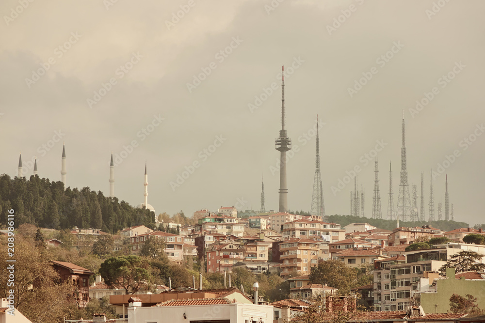 Landscape panoramic view to the historical part of Istanbul, Turkey with the television towers.
