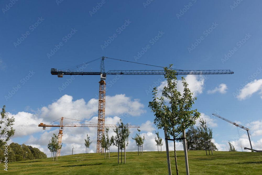 Obraz premium Industrial tower cranes. The green hill is on the front.