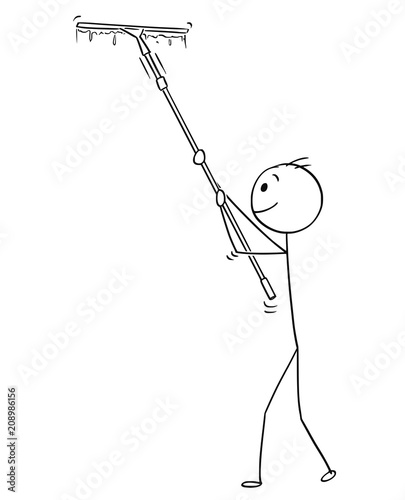 Cartoon stick drawing conceptual illustration of man cleaning window with long squeegee or cleaner.