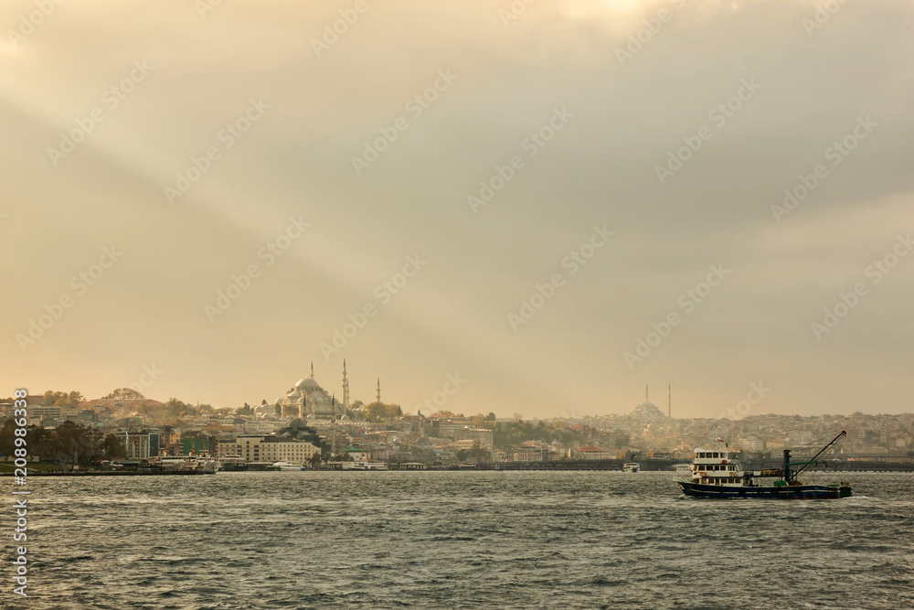 Landscape panoramic view from the sea to the historical part of Istanbul, Turkey.
