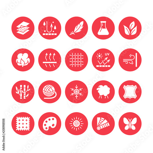 Fabric feature, clothes material vector flat glyph icons. Garment property symbols. Cotton wool, waterproof, wind resistant, uv protection. Wear label, textile industry pictogram. Pixel perfect 64x64.