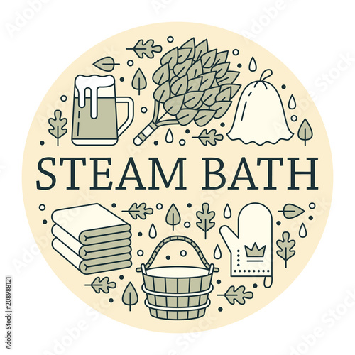 Sauna, steam bath room banner illustration with flat line icons. Bathroom equipment birch, oak broom, bucket, beer. Finnish, russian banya. Circle template thin linear signs spa poster.