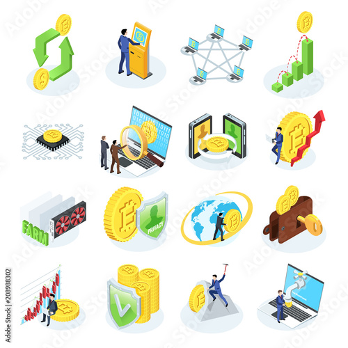 a set of icons on the topic of crypto currency and bitcoin, people in business suits and money, isometric image