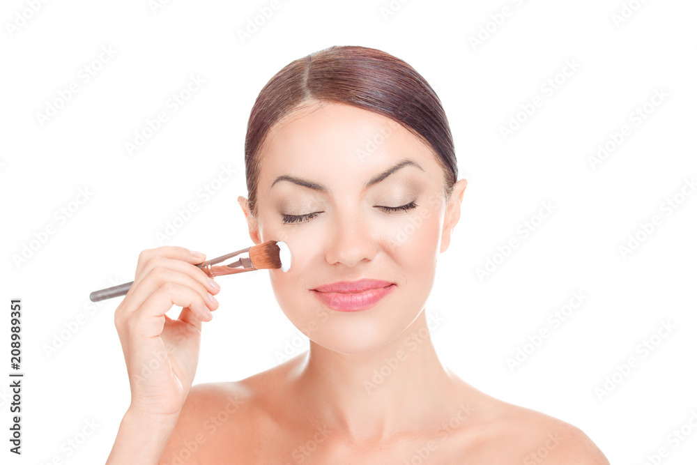 Woman girl applying cosmetic cream creamy mask on her face Woman girl applying cosmetic cream creamy mask on her face