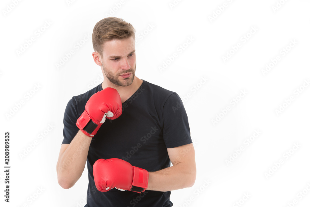 Confident boxer. Sportsman training with boxing gloves. Boxing concept. Man athlete concentrated face with sport gloves, ready to practice fighting skills, isolated white. Boxer handsome strict coach Confident boxer. Sportsman training with boxing gloves. Boxing concept. Man athlete concentrated face with sport gloves, ready to practice fighting skills, isolated white. Boxer handsome strict coach
