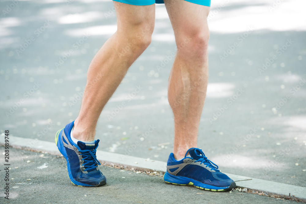 Legs of male athlete runner jogging park sidewalk. Active lifestyle  training cardio sport shoes. Vascular disease varicose veins problems  active life. Prevent varicose concept. Disease caused by run Stock-Foto |  Adobe Stock