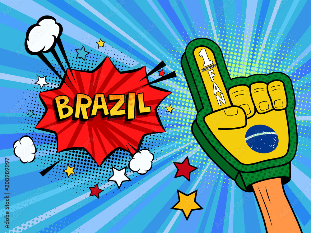 Fototapeta premium Sports fan male hand in glove raised up celebrating win of Brazil country flag. Brazil speech bubble with stars and clouds. Vector colorful fan illustration