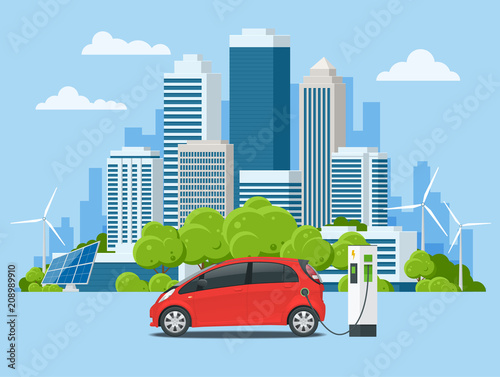 Vector concept eco-city and suburban life. Electric car charging at the charger station. Electromobility e-motion. Urban landscape.