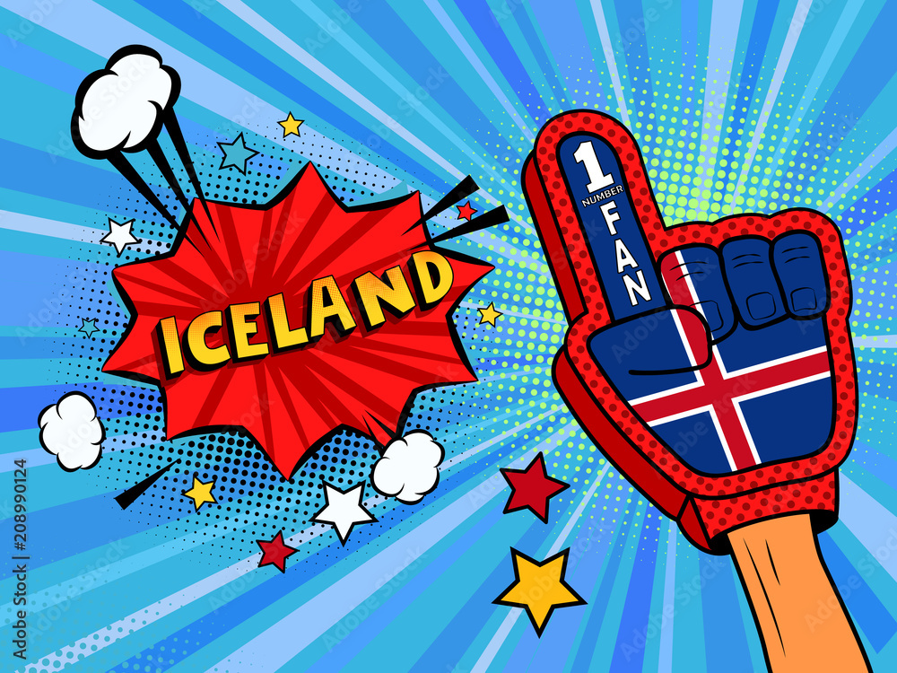 Naklejka premium Sports fan male hand in glove raised up celebrating win of Iceland country flag. Iceland speech bubble with stars and clouds. Vector colorful fan illustration