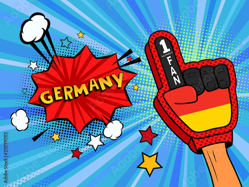 Sports fan male hand in glove raised up celebrating win of Germany country flag. Germany speech bubble with stars and clouds. Vector colorful fan illustration