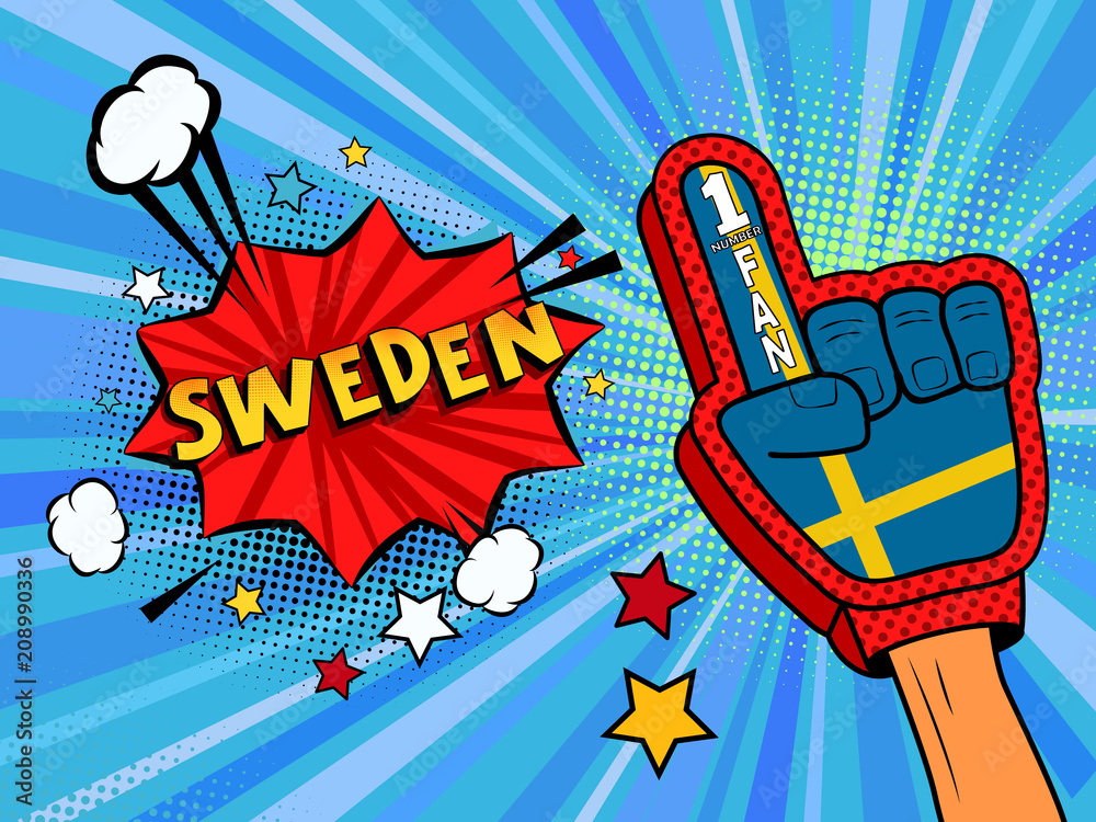 Naklejka premium Sports fan male hand in glove raised up celebrating win of Sweden country flag. Sweden speech bubble with stars and clouds. Vector colorful fan illustration