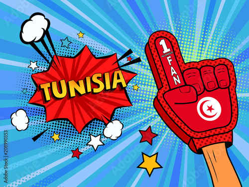 Sports fan male hand in glove raised up celebrating win of Tunisia country flag. Tunisia speech bubble with stars and clouds. Vector colorful fan illustration