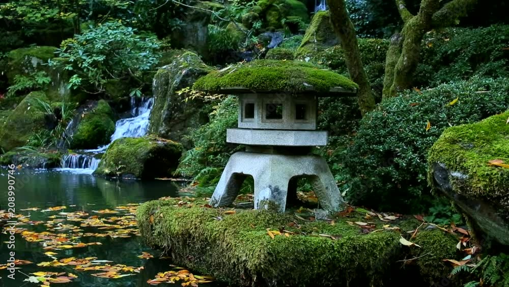 Outstanding Autumn View of Colorful Trees and Leaves in Beautiful Japanese Garden in Portland Oregon USA, waterfall 