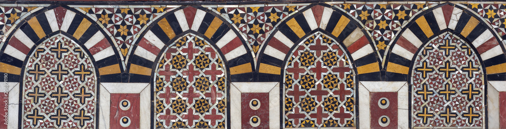 Mamluk era marble mosaic panel with geometric decorations, Al Ashraf Barsbay Mosque, City of the dead, Cairo, Egypt Mamluk era marble mosaic panel with geometric decorations, Al Ashraf Barsbay Mosque, City of the dead, Cairo, Egypt