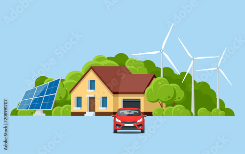 Ecology and environment conservation with nature concept. Green energy and eco friendly modern house on mountain landscape. Vector illustration.