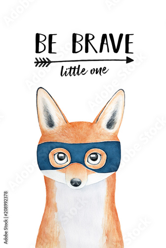 Poster design for kids with inspirational words "Be Brave Little One" and cute fox in super hero mask. Hand drawn water color illustration on white. Blue, orange, black colours. Nursery room decor.