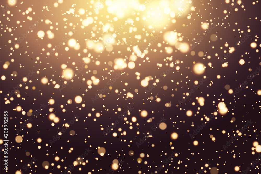 Abstract defocused circular golden bokeh sparkle glitter lights background. Magic christmas background. Elegant, shiny, metallic gold background. EPS 10