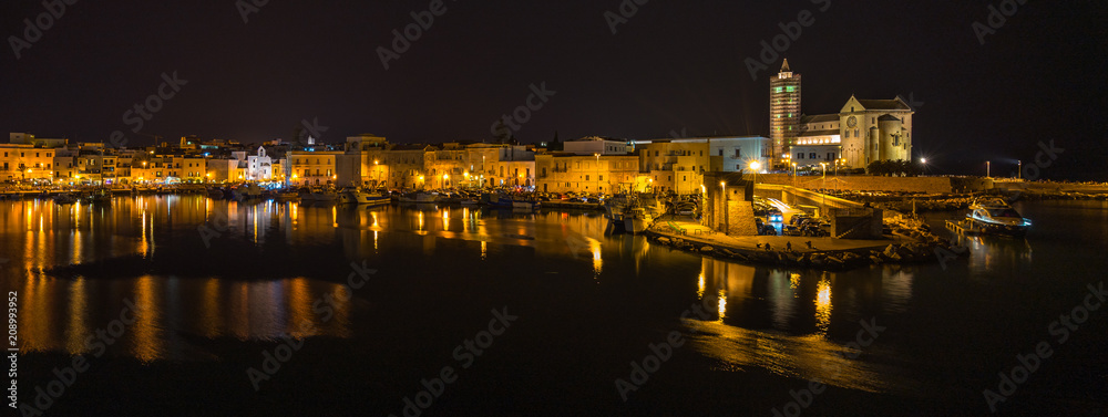 Wide night panorama of Trani harbour and Cathedral, Apulia, Italy