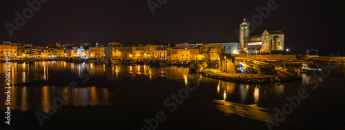 Wide night panorama of Trani harbour and Cathedral, Apulia, Italy